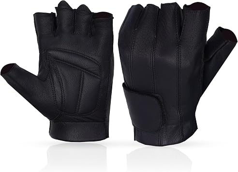 Daniel Smart Premium Leather Motorcycle Gloves for Men Fingerless Biker Gloves with Gel Palm and Wrist Strap