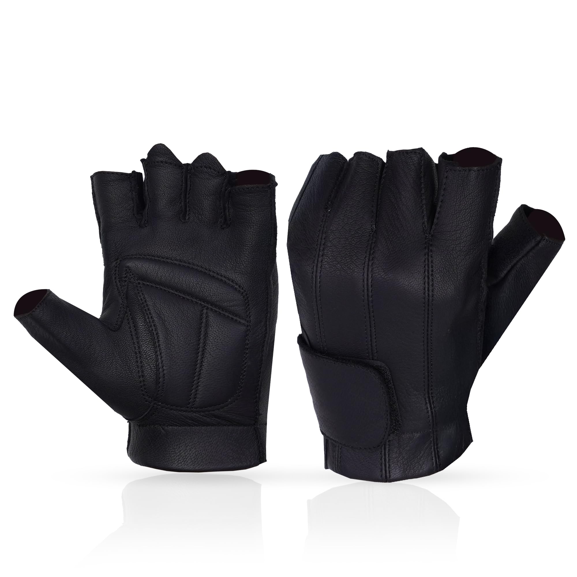 Daniel Smart Premium Leather Motorcycle Gloves for Men Fingerless Biker Gloves with Gel Palm and Wrist Strap