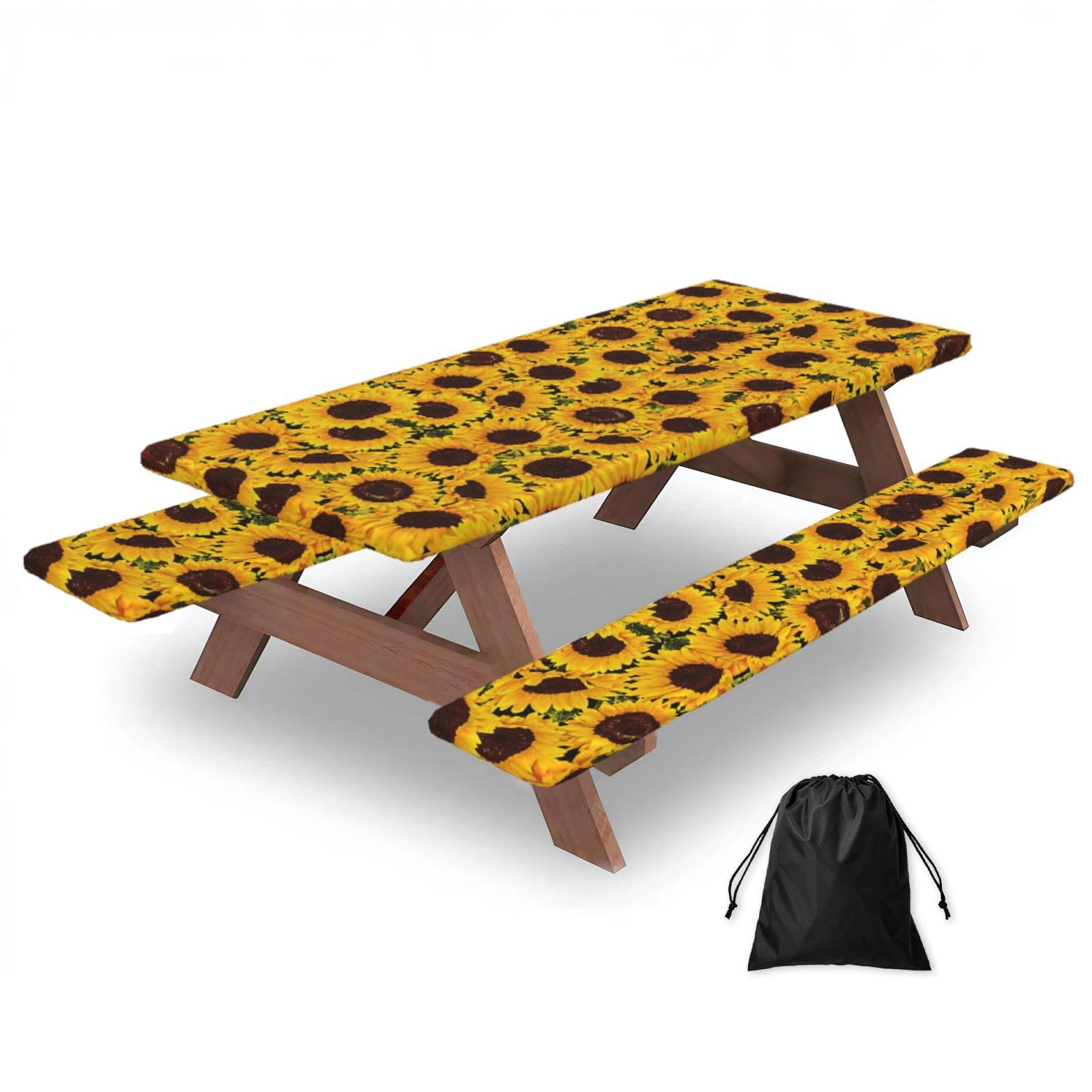 Mantel de mesa con girasoles amarillos y fundas para un día de camping y viaje perfecto