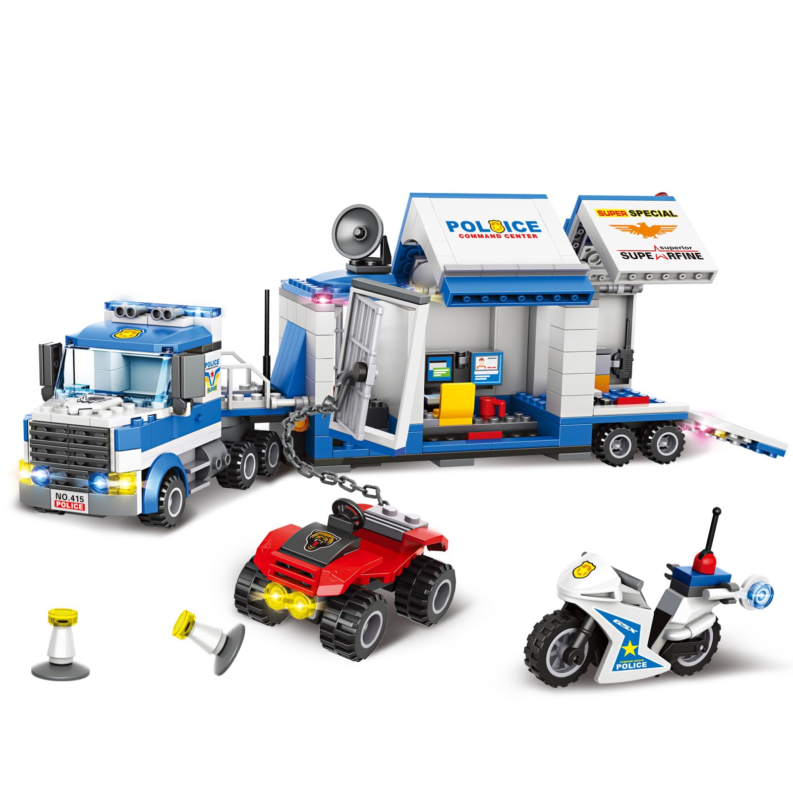 City Police Mobile Command Center Truck Building Blocks Kit Toys, Police Vehicles Series Prison Break Jail Set with Action Cop Motorbike, ATV, Arms Play Set for Boys and Kids Age 5+ (483 Pieces)