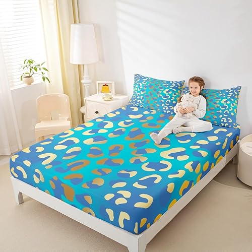 Miniatura 2 de Sábanas de cama con estampado de leopardo dorado, sábana bajera ajustable de guepardo, tamaño matrimonial, sábanas con estampado de animales de