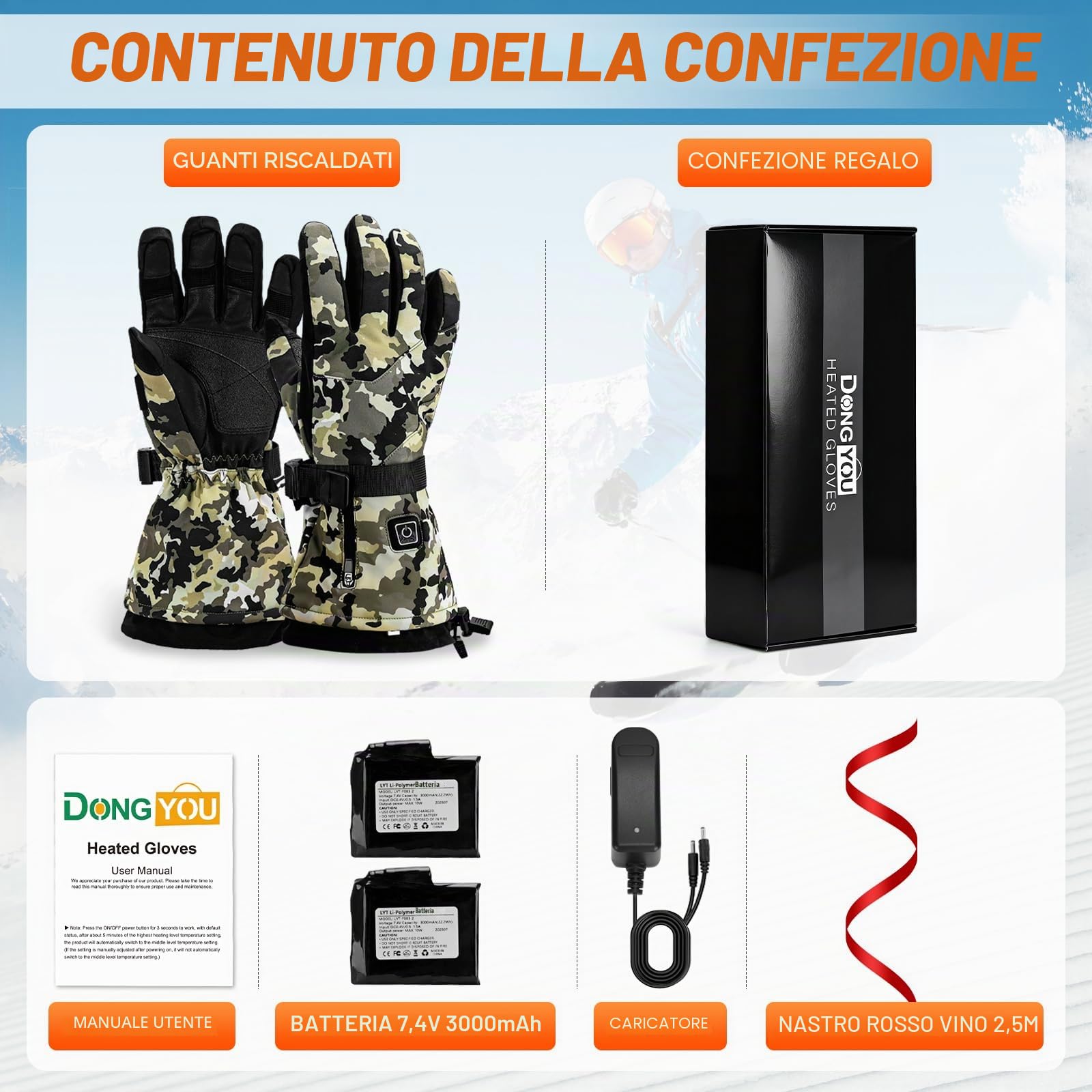 Lychee Guanti riscaldati ricaricabili Camouflage, guanti riscaldati elettrici impermeabili e antivento da 7,4 V e 22,2 Wh, guanti da campeggio