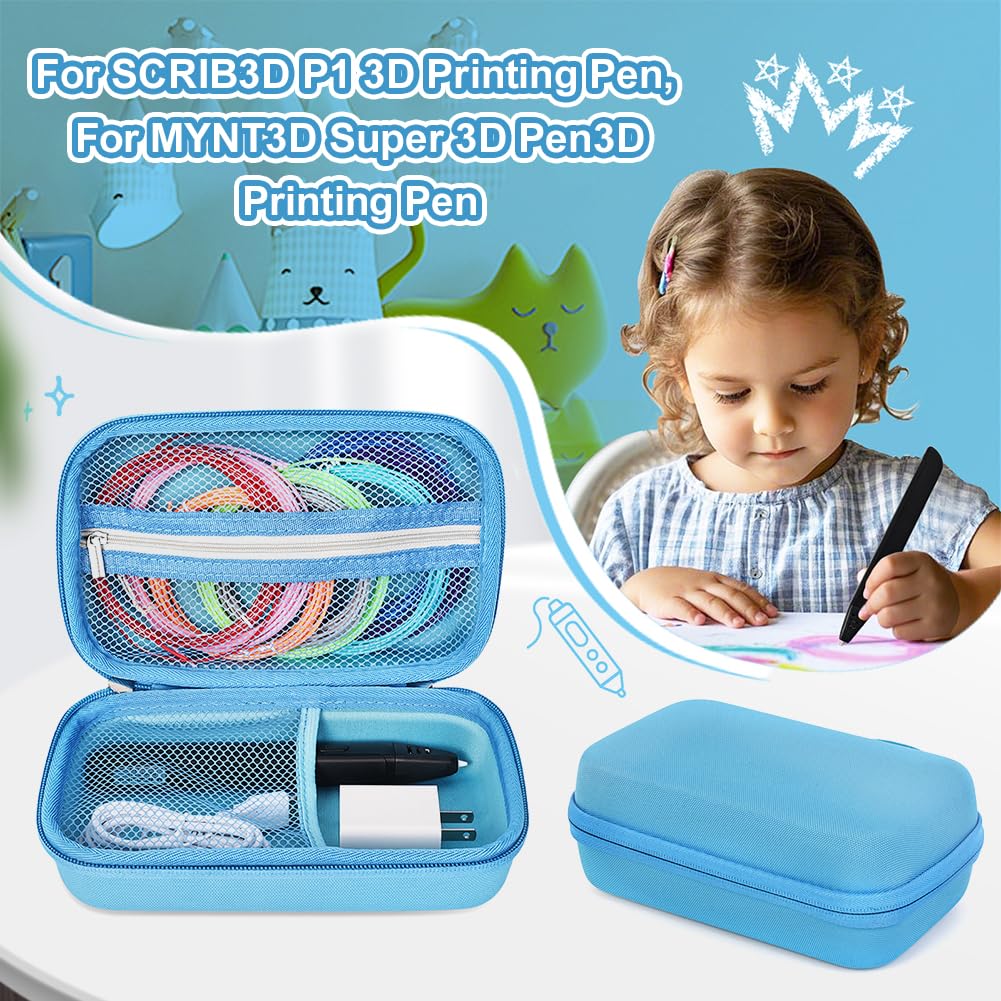Custodia rigida per penna per stampa 3D SCRIB3D P1/MYNT3D Super 3D Pen antiurto custodia da viaggio rigida anti-goccia con tasca in rete per filamento PLA e caricabatterie, Blu