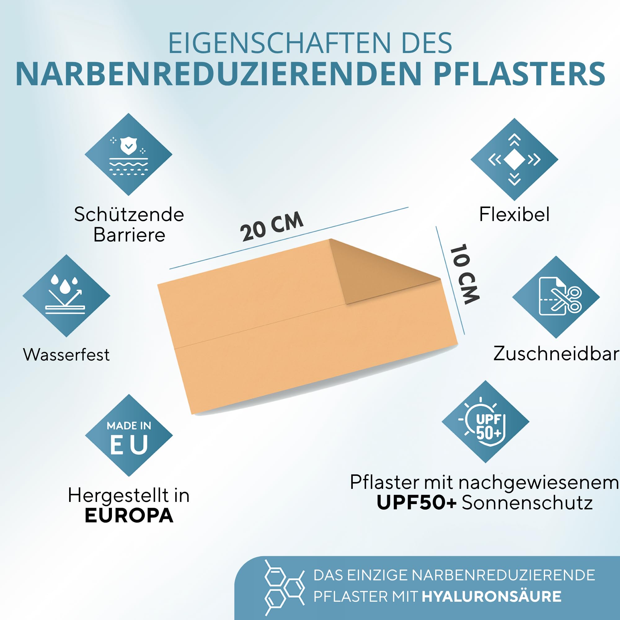 Narbenpflaster mit Hyaluronsäure elix·care [4 große Pflaster 20x10 cm, zuschneidbar] Vorbeugung von Keloiden Pflaster für Narben nach Schönheitsoperation, Kaiserschnitt, Schilddrüse Sonnenschutz UPF50