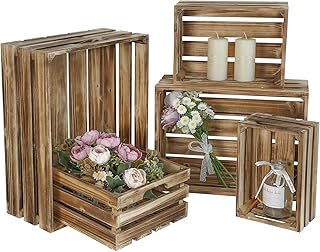 Set of 5 Large Wooden Crates, Nesting Storage Crate with Handles, Rustic...