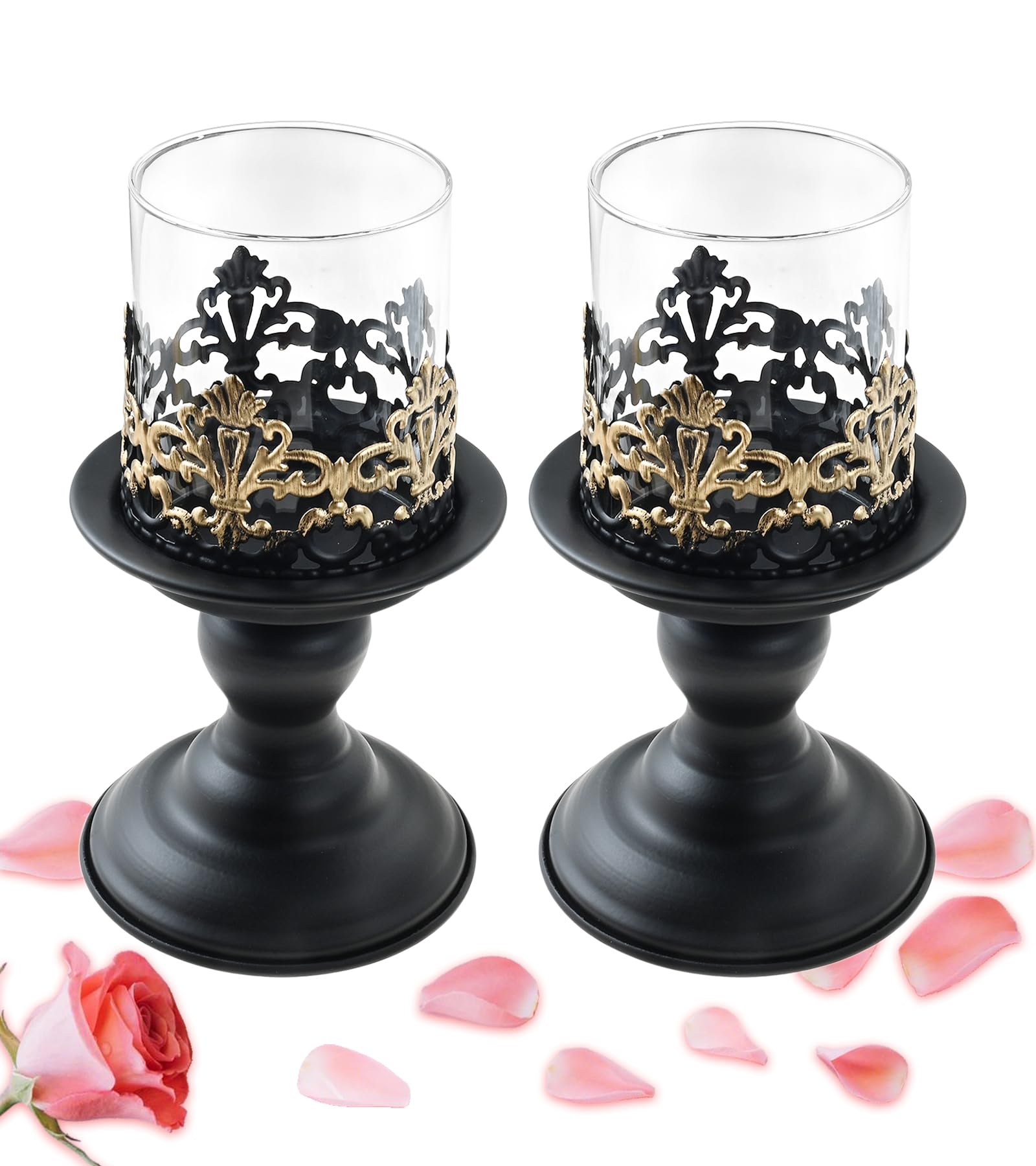 Bowarepro Black 2Pcs Hurricane Candle Holder, Vintage Distressed Tall Candle Stand For Pillar Candles With Glass Cover, Rustic Fire Place Base For Wedding Party Romantic Dinner Home Farmhouse Decoration