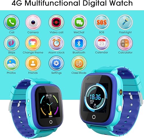 Miniatura 5 de cjc Reloj inteligente 4G para niños con rastreador GPS y llamadas, llamadas de 2 vías y chat de voz y video, alarma SOS, WiFi, impermeable, teléfono