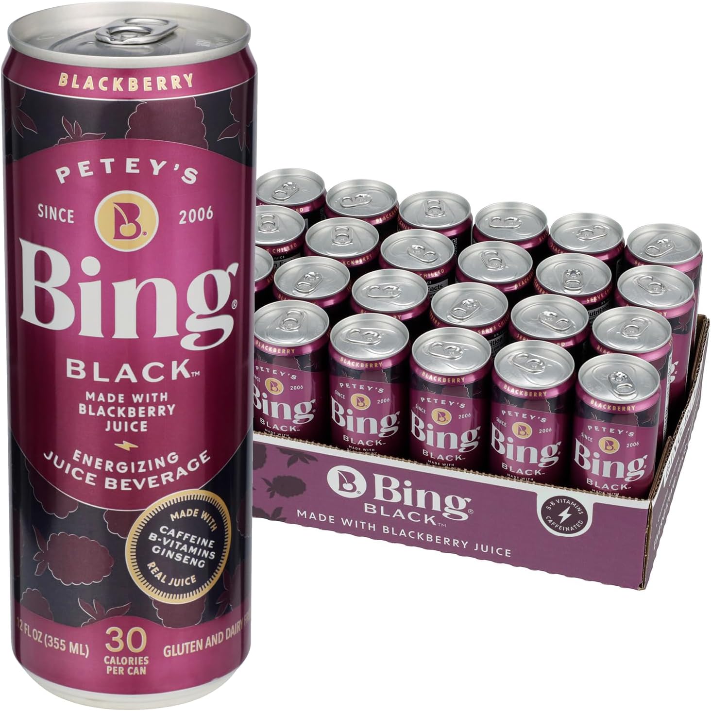 BING BLACK Energizing Juice Beverage โ Blackberry (12oz/24pk) โ Made with REAL Juice! Only 1g added Sugar, Low Calorie; 5 B-Vitamins & Ginseng; 120mg Caffeine; Vegan, Gluten + Dairy Free. DELICIOUS