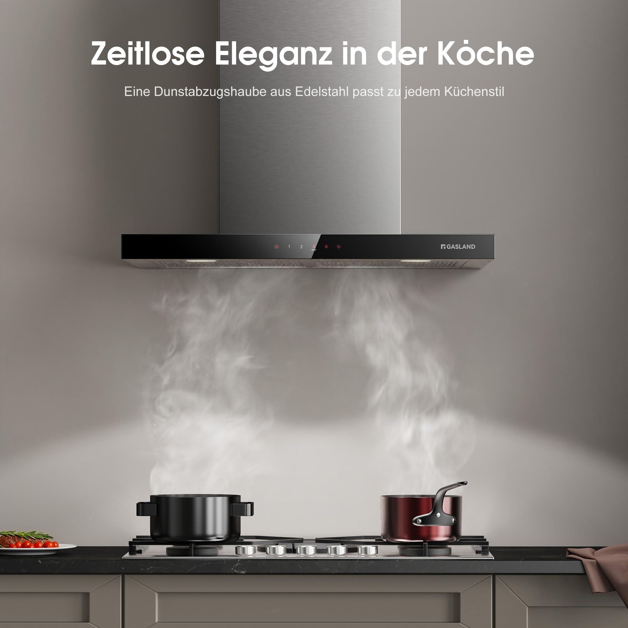 GASLAND TR60SS Hotte Aspirante 60 cm, Recyclage ou Évacuation, 881 m³/h, Classe A++, Filtre à Charbon Actif Inclus, 4 Vitesses Tactiles, Hotte Murale Silencieuse en Inox Argent