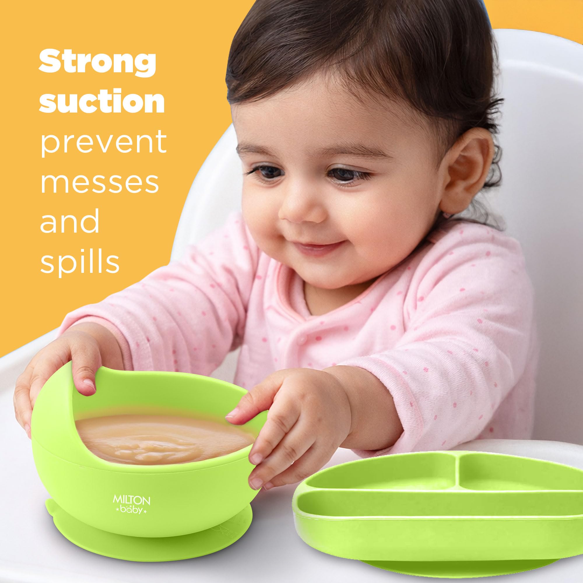 Milton Baby Silicone Feeding Set of 6 I Strong Suction Base with Release Tab I 100% Food Grade-BPA Free I Flat Base Tumbler I No Mess I Adjustable Fit Bib I Soft Spoon I Light Green 3