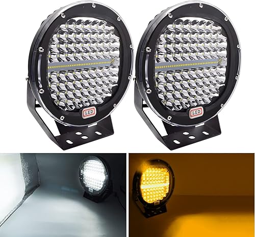 Safego - Barra de luz LED redonda de 9 pulgadas, 2 unidades, 288 W, doble color, blancoámbar, luz LED redonda, luz de conducción compatible con