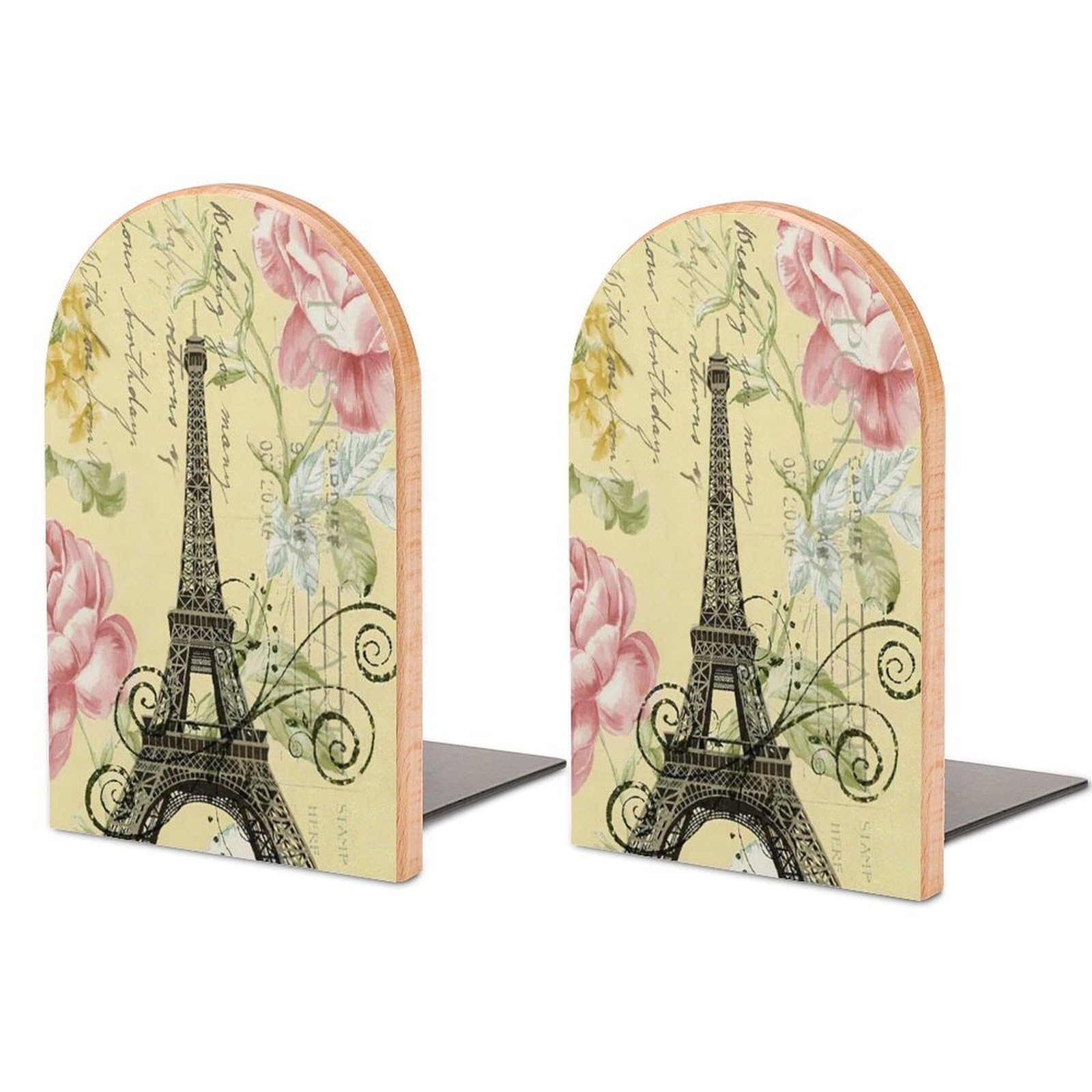 Pink Floral Modern Paris Eiffel Tower Beech Wood Bookends Heavy Duty Book Organizers Desktop File Holder for Office Home Bookshelf