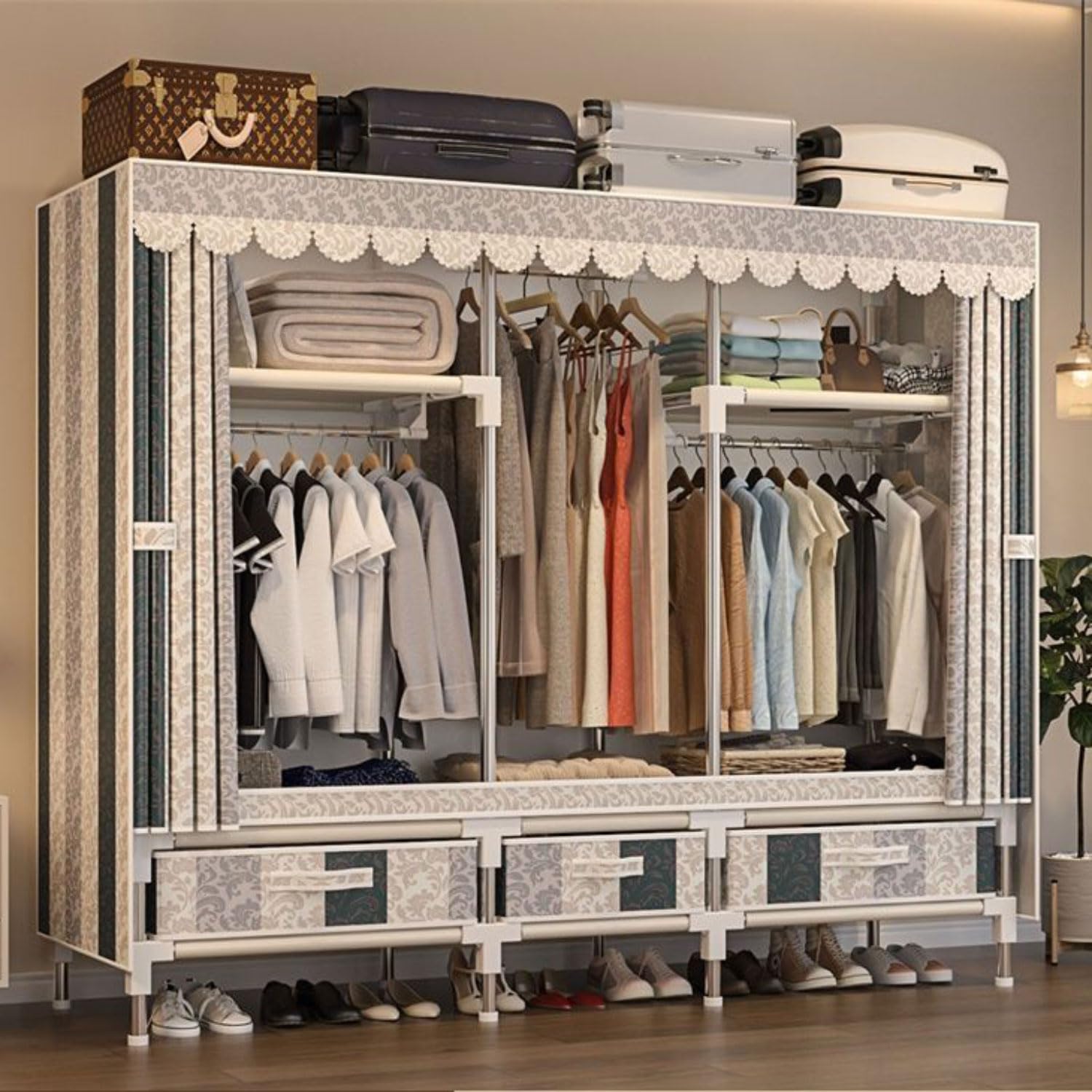 Faltbarer Stoff-Kleiderschrank Mit Kleiderstange Und Regalen, Tragbarer | Kleideraufbewahrungs-Organizer For Schlafzimmer(Style 4,100*45*165cm)