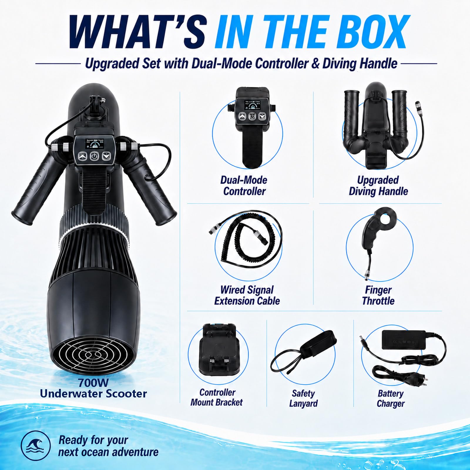 Scooter Submarino con Controlador Doble Modo y Asa de Buceo Ajustable, Profundidad 30M, Scooter Marino para Snorkel, Entrenamiento en Piscina, Tablas de SUP y Aventuras en Aguas Tranquilas 700W