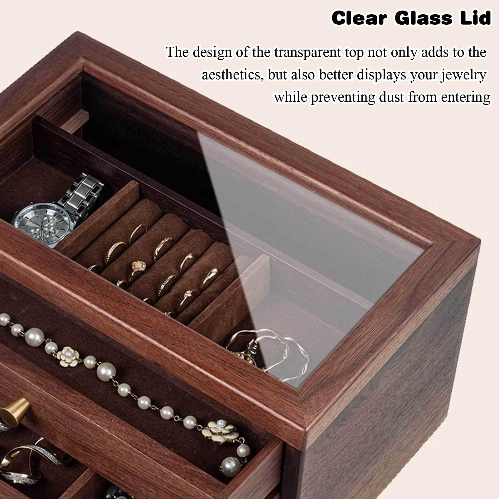 Pudełko na biżuterię, Wooden Jewelry Box With Glass Lid Organizer Drawers Multi-Compartment 3-Layer Walnut Color