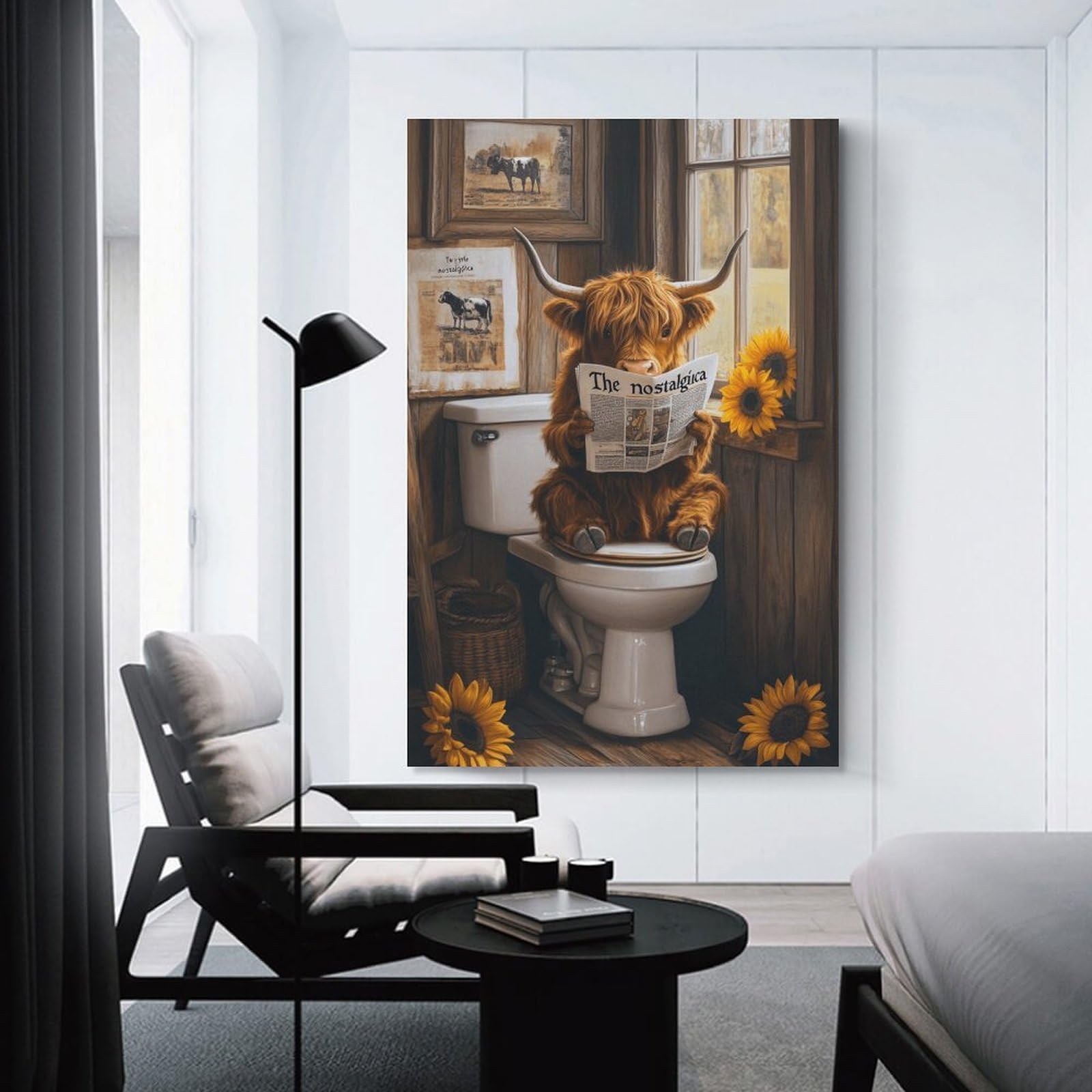 Junmoney Unframe-Style-13 Cow Reading Newspaper On Toilet Decorative Wall Artwork, 24X36inch(60X90cm), For Living Spaces, Bedrooms Or Relaxed Rooms, Modern Wall Decor For Cosy Interiors