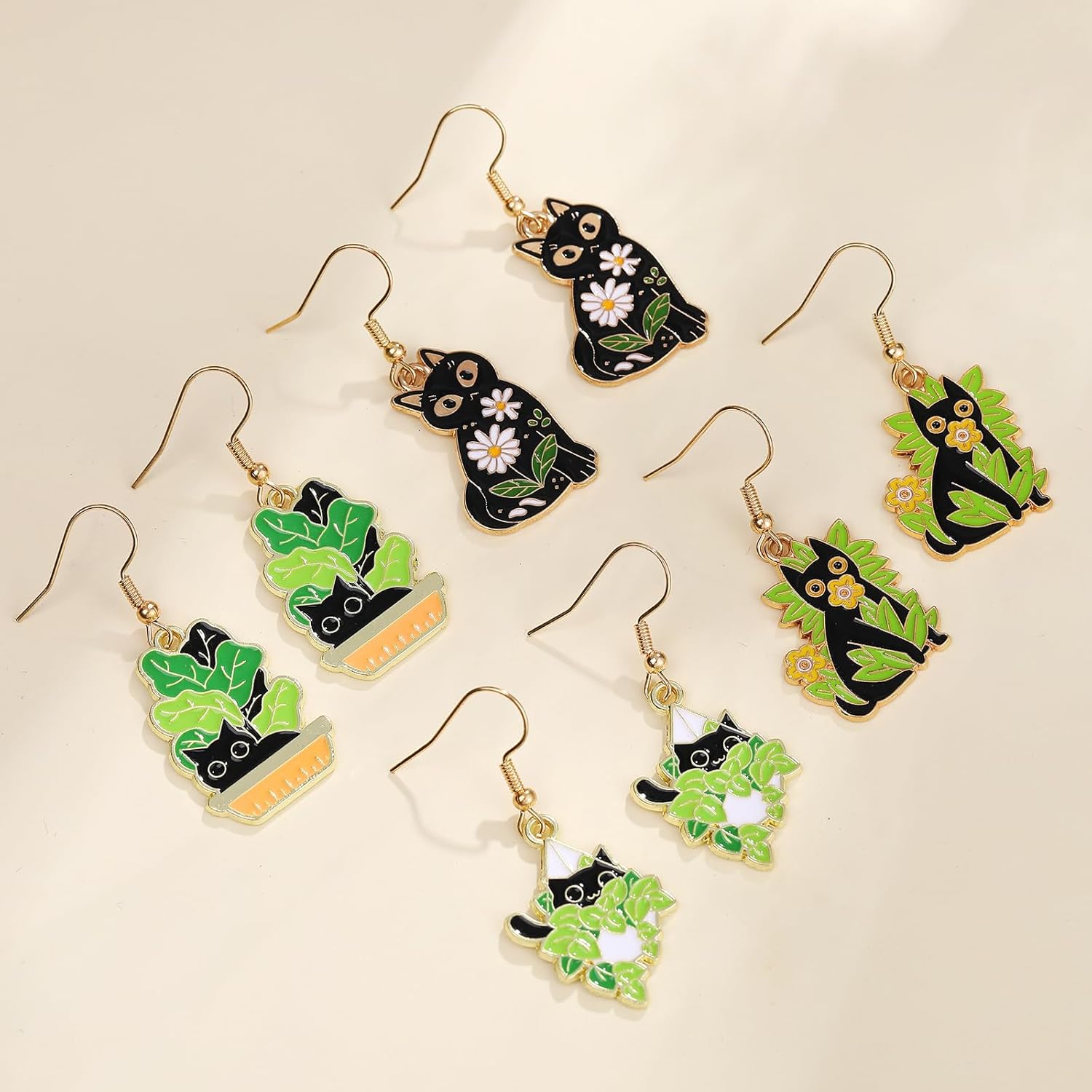 Cute Cat Earrings for Women Flower Dangle Earrings for Cat Lover Jewelry Gifts (black) - Image 2