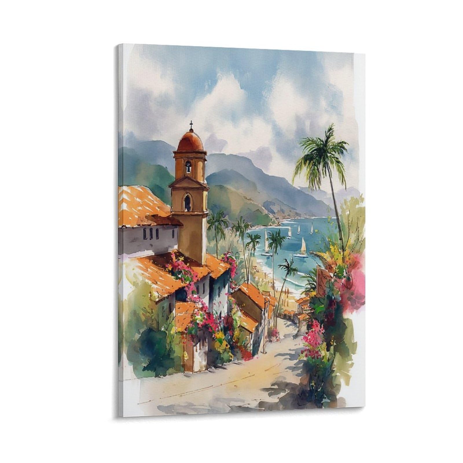 LCYNNH Puerto Vallarta Mexico 24x36inch(60x90cm) Vintage Travel Poster Watercolor Canvas Art