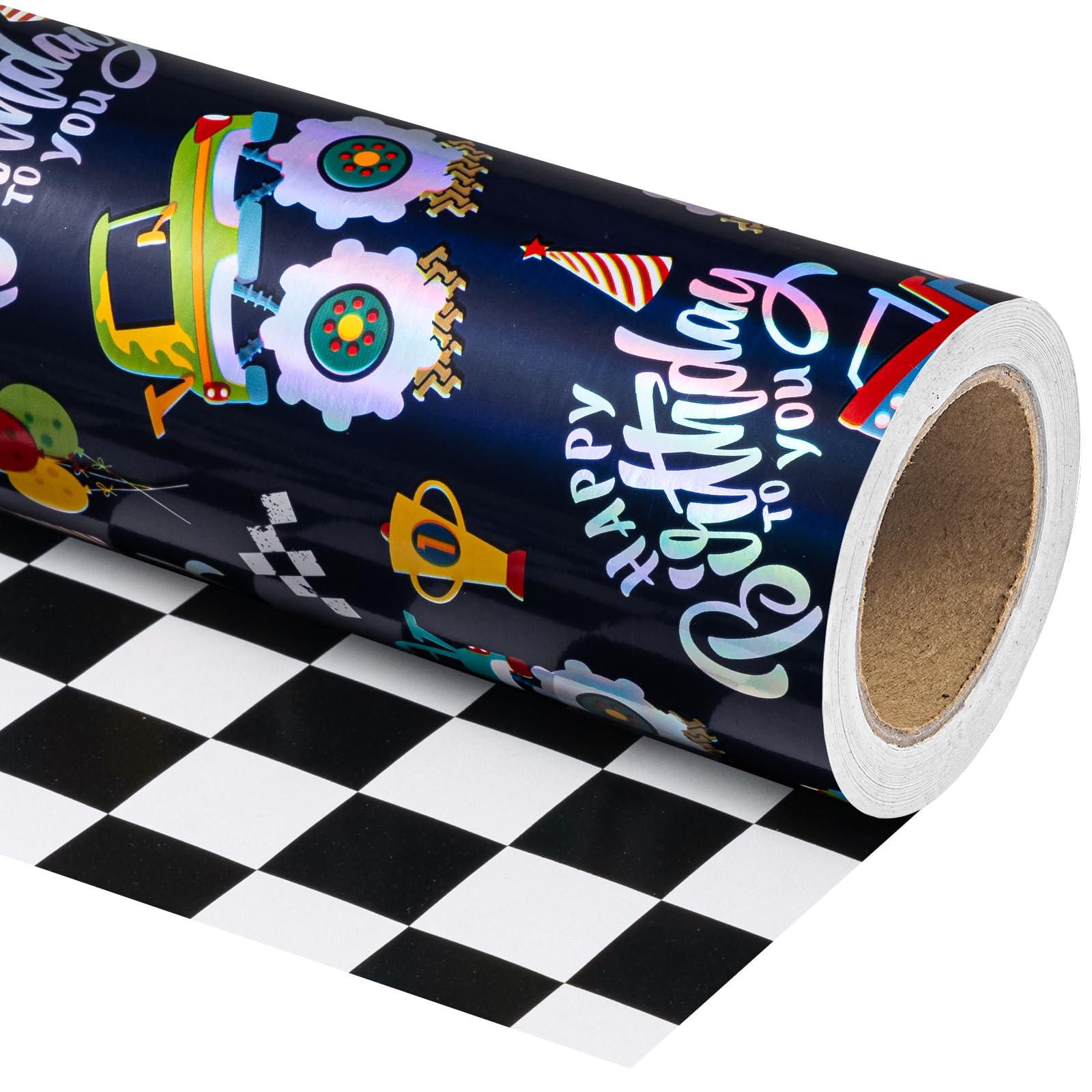 RUSPEPA Reversible Racing Boys Birthday Wrapping Paper Roll - Mini Roll - 43.2cm x 5m - Race Car Wrapping Paper with Checkered Flag Design for Kids Boys Birthday, Baby Shower โ image 1