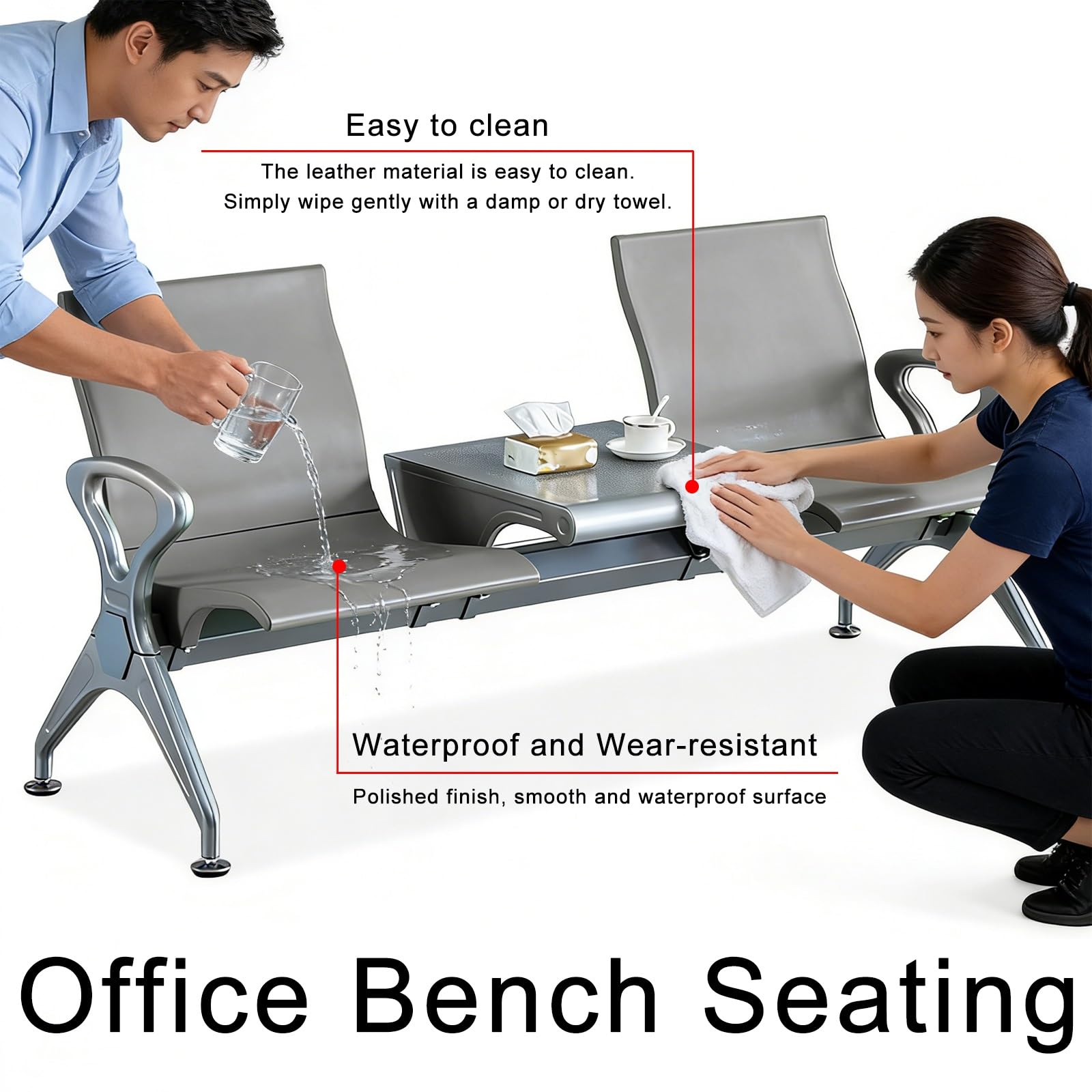Wartezimmerbank mit 2 Sitzen und Kleinem Tisch, Bürostuhl mit Armlehnen, Empfangsbank aus PU-Leder für Büro, Flughafen, Bank, Krankenhaus(Gray)