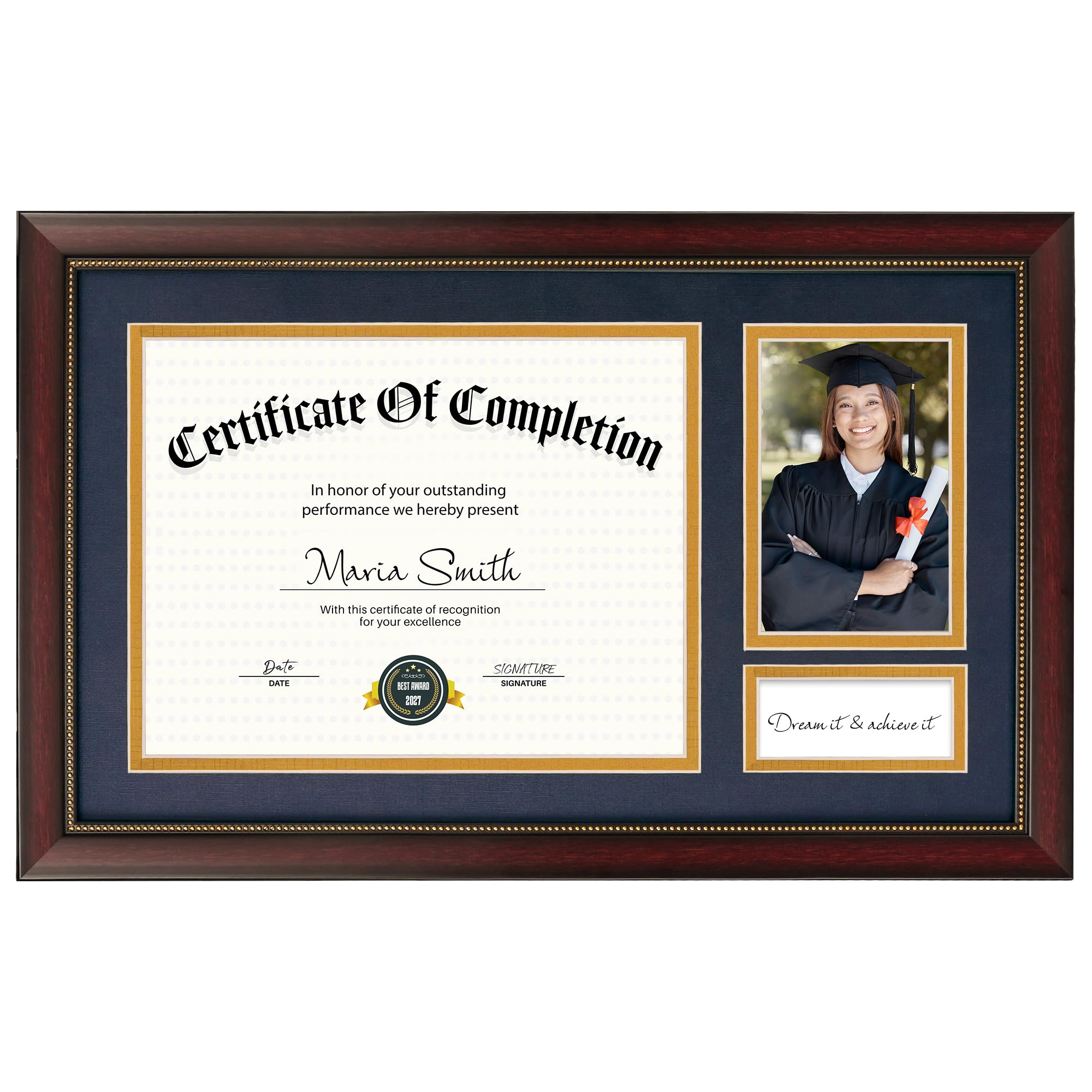 GiftMust 11x18.5 Graduate Frame for 8.5x11 Certificate Document, Display One 8.5x11 Diploma and One 4x6 Graduate photo, Real Glass, Mahogany Frame