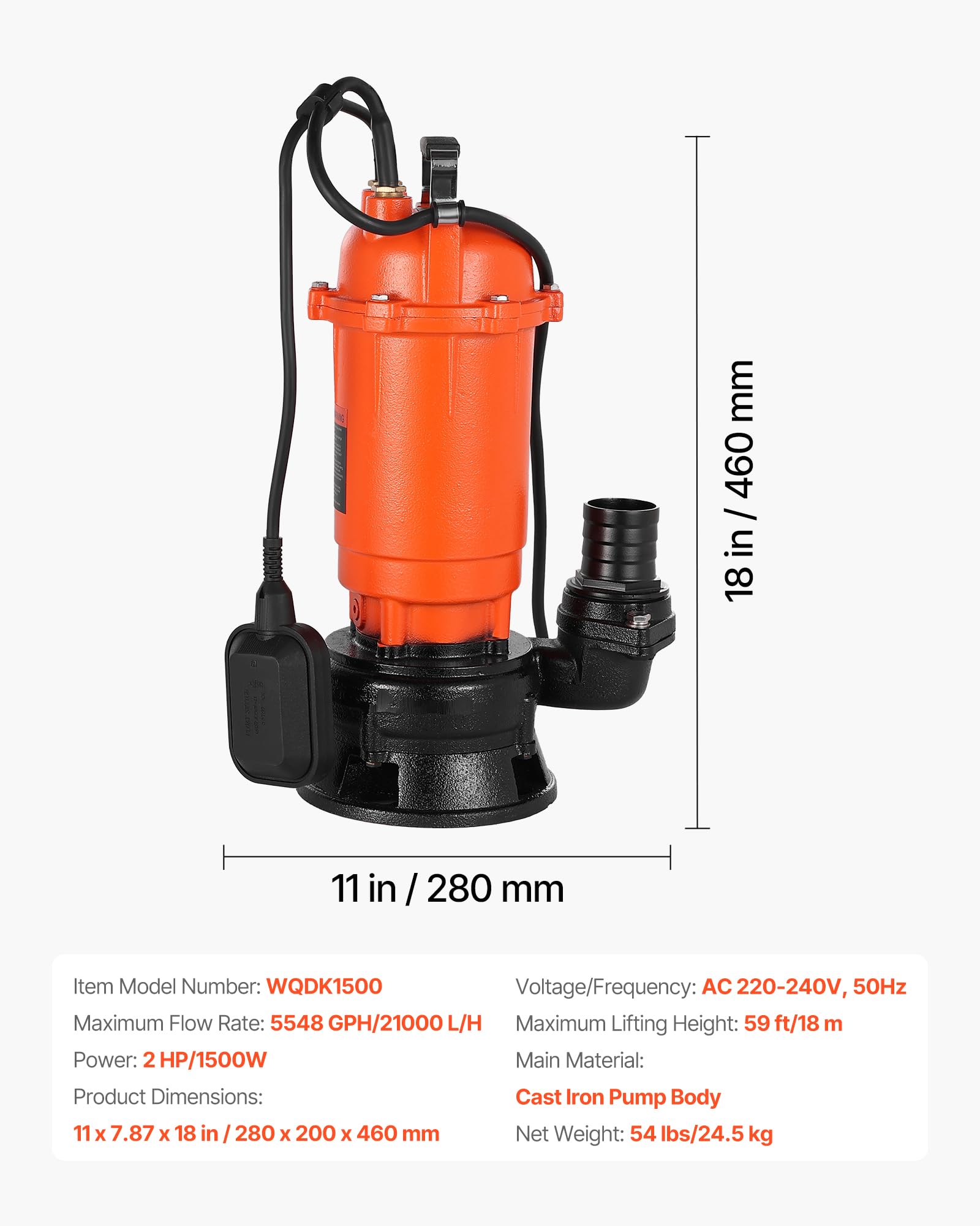 VEVOR Pompa zatapialna do studni 1500 W, 21000 l/h, żeliwna z automatycznym przełącznikiem pływającym, maks. 18 m podnoszenia, odpływ brudnej i czystej wody do basenów, ogrodu