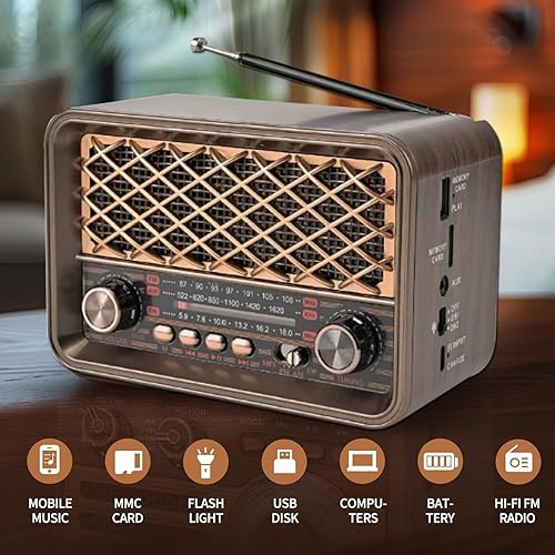 Miniatura 4 de Radio de transistor retro, altavoz Bluetooth portátil manos libres con batería AM FM SW Radio, reflector LED, batería recargable de iones de litio,