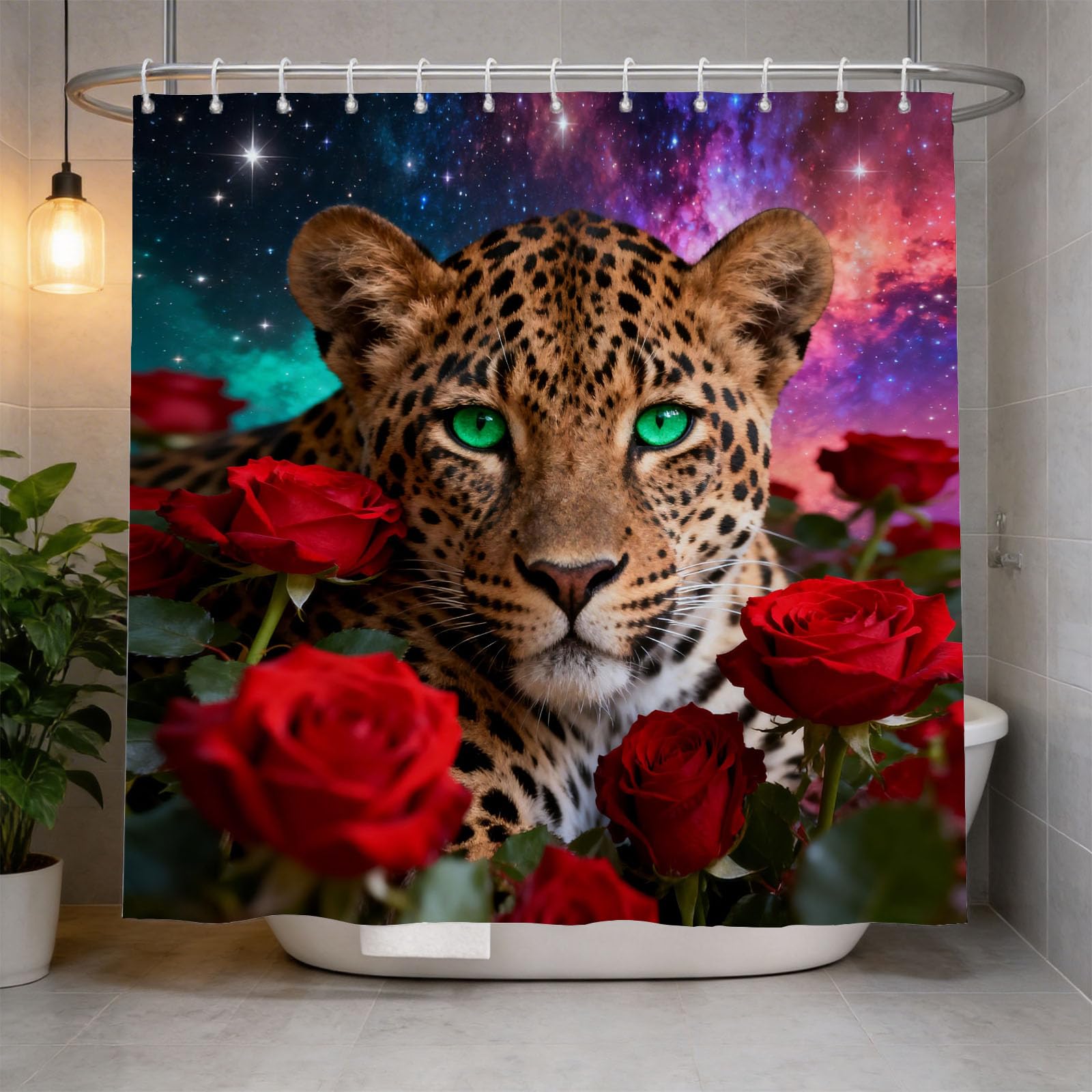 Hongduo White 3D Panther Shower Curtain For Stalls Bathtubs Galaxy Bathroom Decor Shower Curtain Set Polyester Fabric Waterproof 180X180cm/71X71 Inch With Hooks