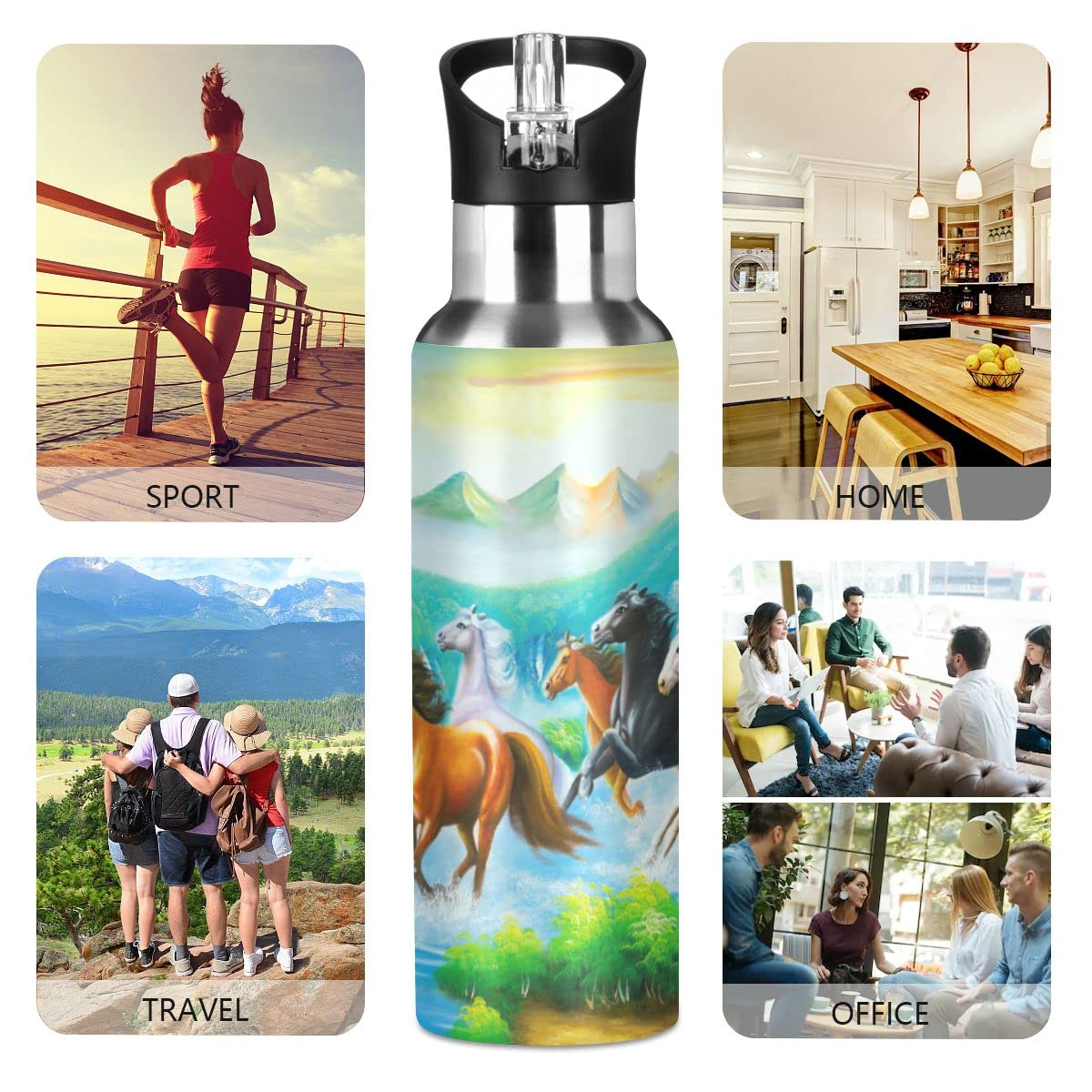 Edelstahl Wasserflasche mit Strohhalm, Pferdemalerei Isolierte Trinkflasche Sport Wasserflasche für Kinder Erwachsene, auslaufsicher, 1L