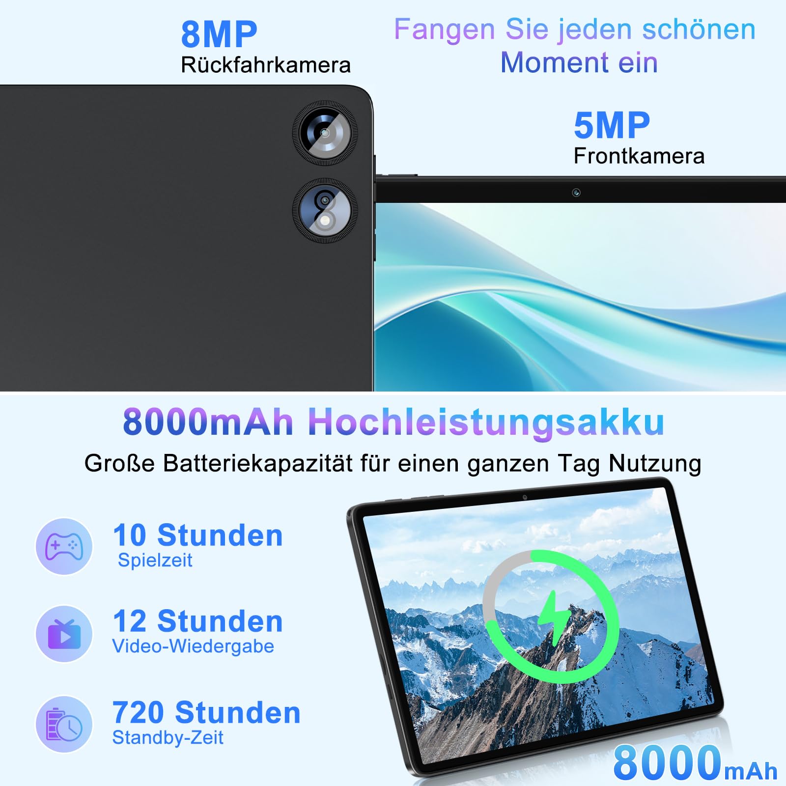 2026 Neueste Tablet 10 Zoll Android Octa-Core 22GB RAM+128GB ROM 2TB Erweiterbar, BT 5.0, 8000mAh, 8+5MP, 1280 x 800 FHD IPS, GPS, Widevine L1, 5G+2.4G WiFi 6, Tablet mit Tastatur und Maus - Schwarz