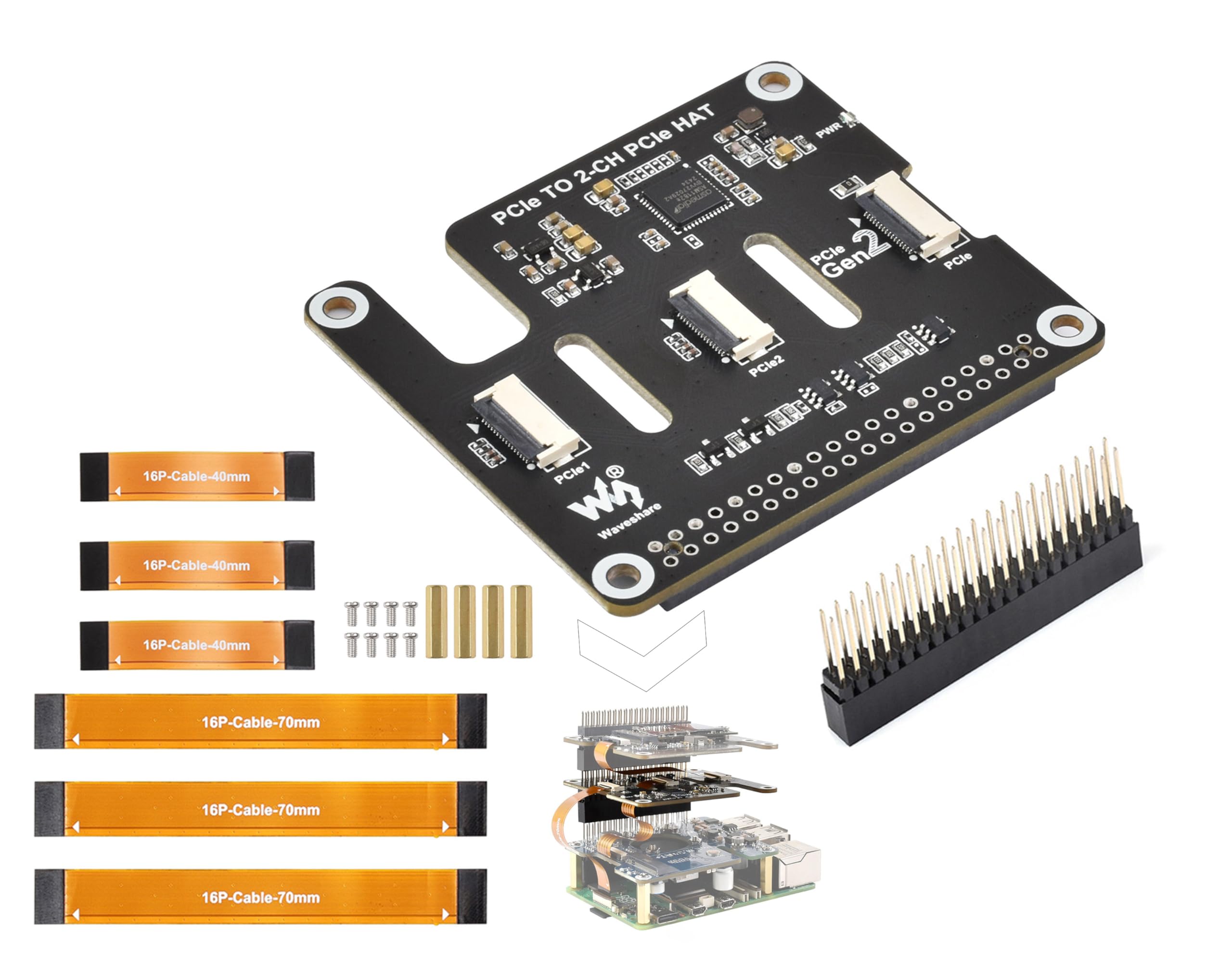 Pi5 PCIe to 2-CH PCIe HAT 2-CH PCIe FFC Adapter Board Compatible with Raspberry Pi 5, Expands 2-CH PCIe FFC Connectors, Supports Stacking Multiple