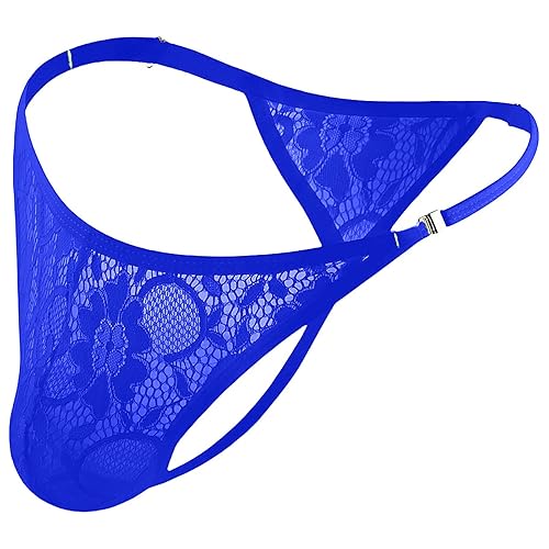 DKEGIFF Mens Thong Underwear Male Lingerie Lace Sissy Clothes Feminine G String Sexy Panties Adjustable Stretch Waistband - Royal Blue - Medium