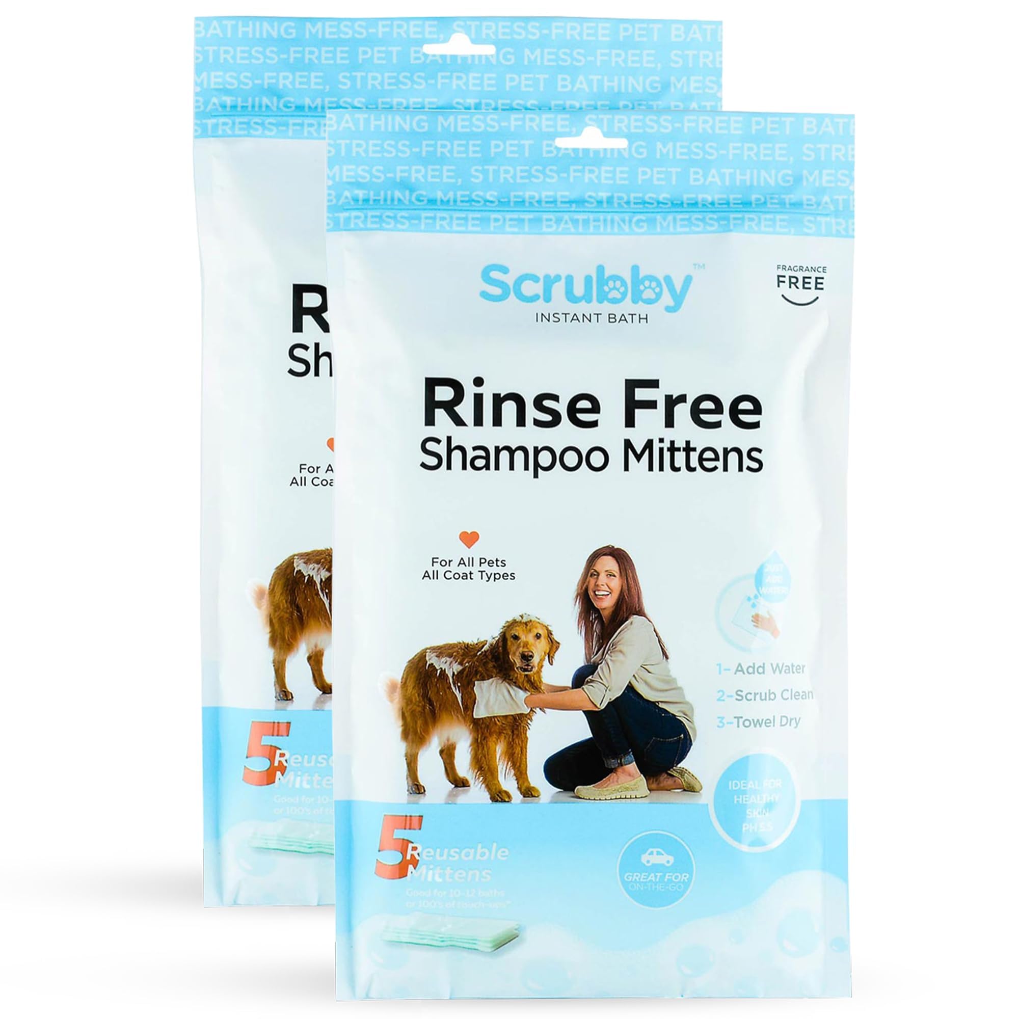 Scrubby Pet No Rinse Pet Wipes | Rinse Free Shampoo Mittens | Dogs & Cats | Bath Wipes - Bathing & Washing Pets, Hypoallergenic | No Rinse Wash Mitt |