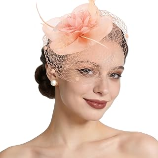 Semato Fascinators Hats for Women Mesh Feathers Elegant Peach Pink Tea Party Kentucky Hat Derby Headband with Hair Clip