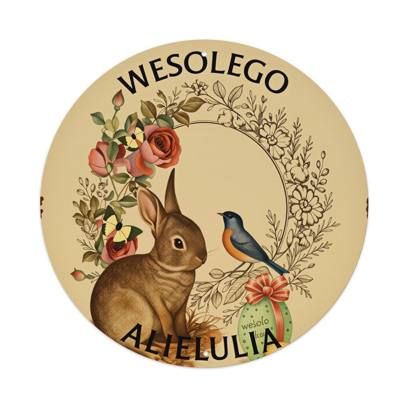 Rabbit Bird Flowers Egg Wreath Round Tin Sign Retro Metal Sign for Cafe Bar Pub Home Game Room Gym Club Wall Decoration Vintage Metal Poster 8x8 Inch