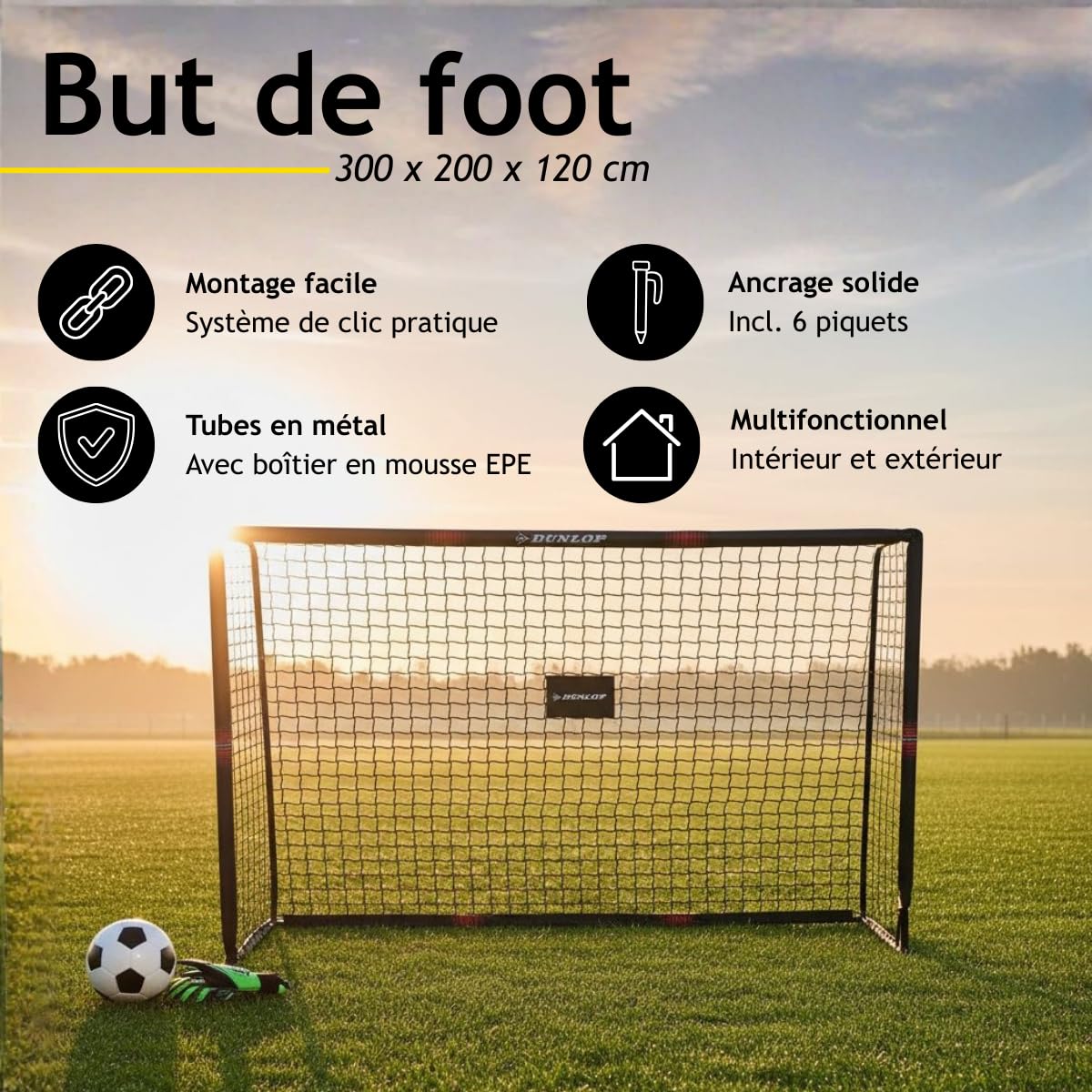Dunlop Fußballtor - 240 x 160 x 85 cm - Metall - Fußballtrainingszubehör für Alle Altersgruppen - Einfache Montage - Schwarz/Rot