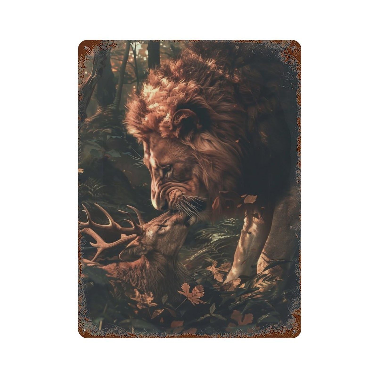 Lion Deer Forest Magical Distressed Metal Wall Sign 15.7"x11.8", for Farmhouse, Kitchen And Entryway Decor, Rustic Home Decor