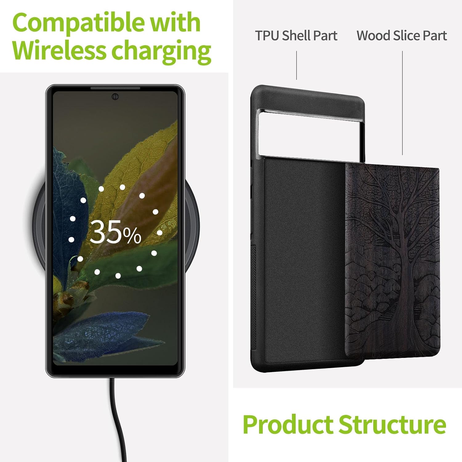 Carveit Wood Case for Pixel 7 Pro Case [Natural Wood & Black Soft TPU] Shockproof Protective Unique Wooden Cover Compatible with Google Pixel 7 Pro (The Lino Print Tree-Blackwood)