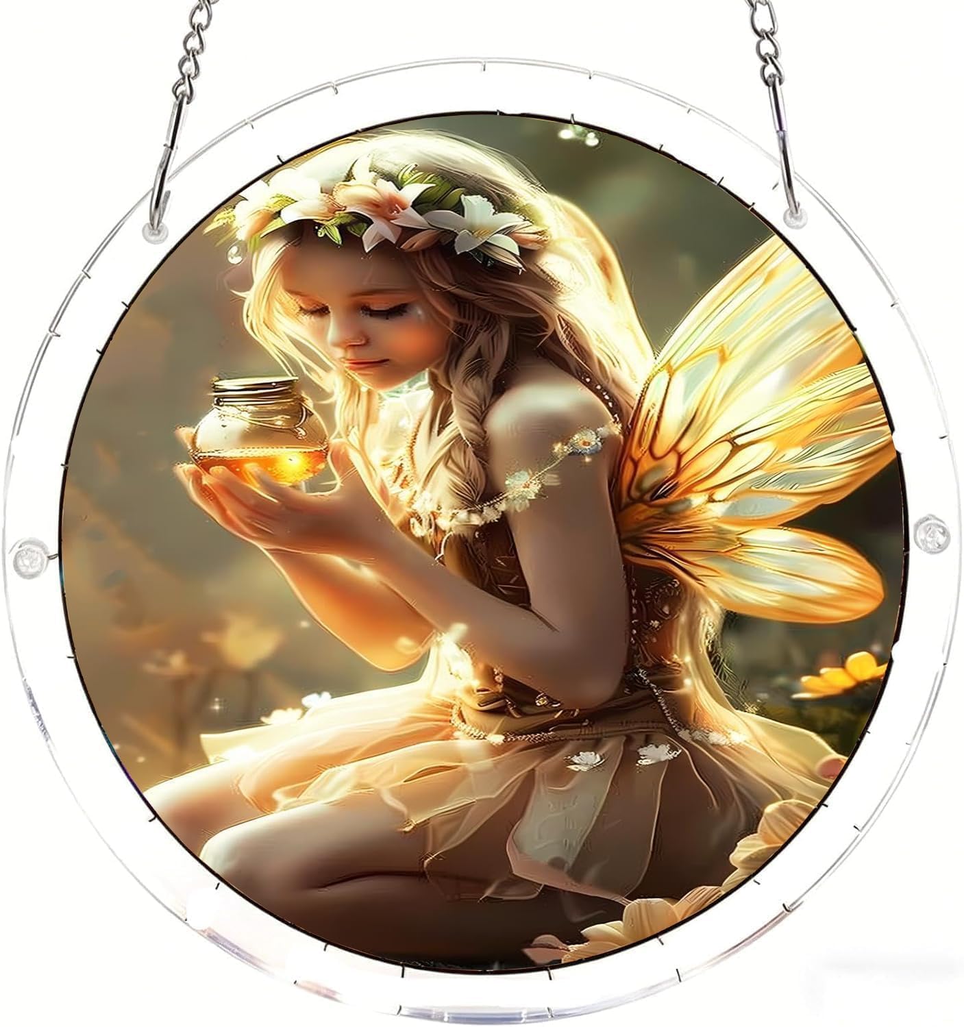 The Fairy Holding a Honey Jar Acrylic Jigsaw Puzzles Suncatcher, 8.2 Inch Window Hanging Suncatcher Acrylic Puzzle, DIY Home Decor Art Gift