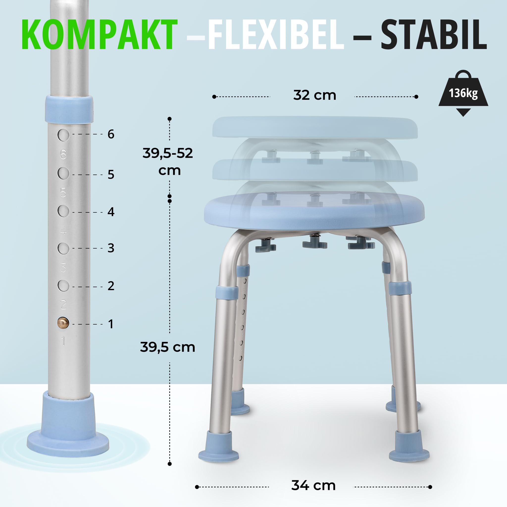 Duschhocker 360° extra leichtgängige Drehung, Medizinprodukt Klasse I, Stilvoller Duschstuhl 6-fach höhenverstellbar. Hygienischer Badsitz komplett abgedeckt. Bis 136 kg. Rutschfeste Gummifüße