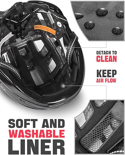 Miniatura 28 de VICTGOAL Casco de bicicleta con luz trasera recargable por USB, gafas magnéticas desmontables, visera solar extraíble, cascos de bicicleta de Negro