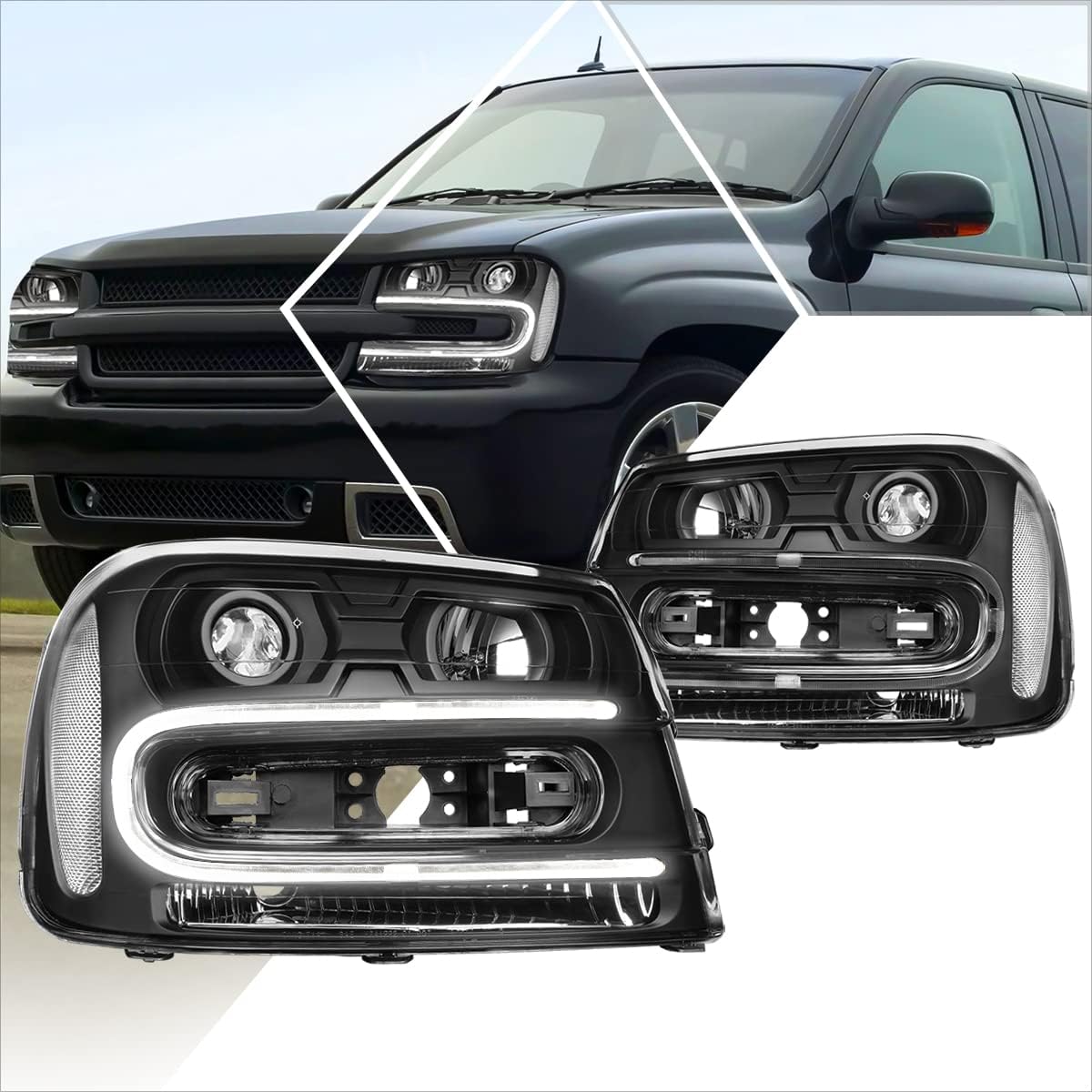 PM PERFORMOTOR PMHL-CTRA-0206-P-BC Black Housing Clear Corner Projector Headlights With LED Running Light Replacement Compatible with 02-09 Chevy Trailblazer