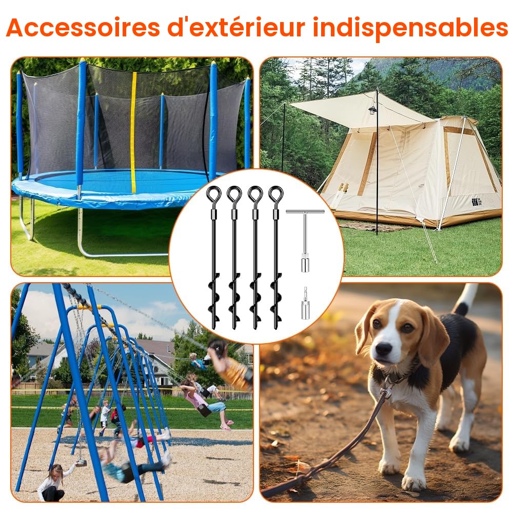 Ancrages de Sol à Visser pour Trampoline, 4 pièces de Sol Robustes, piquets de Tente pour Tente de Camping, Trampoline, auvents, abris de Voiture, hangars, balançoires,pour Vents violents