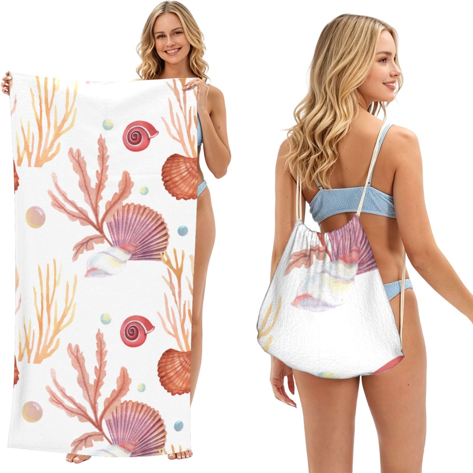 Poadnly As Picture Sea Shell, 2 In 1 Packable Towel Bag, Beach Towels With Drawstring Backpack For Travel Holiday Camping
