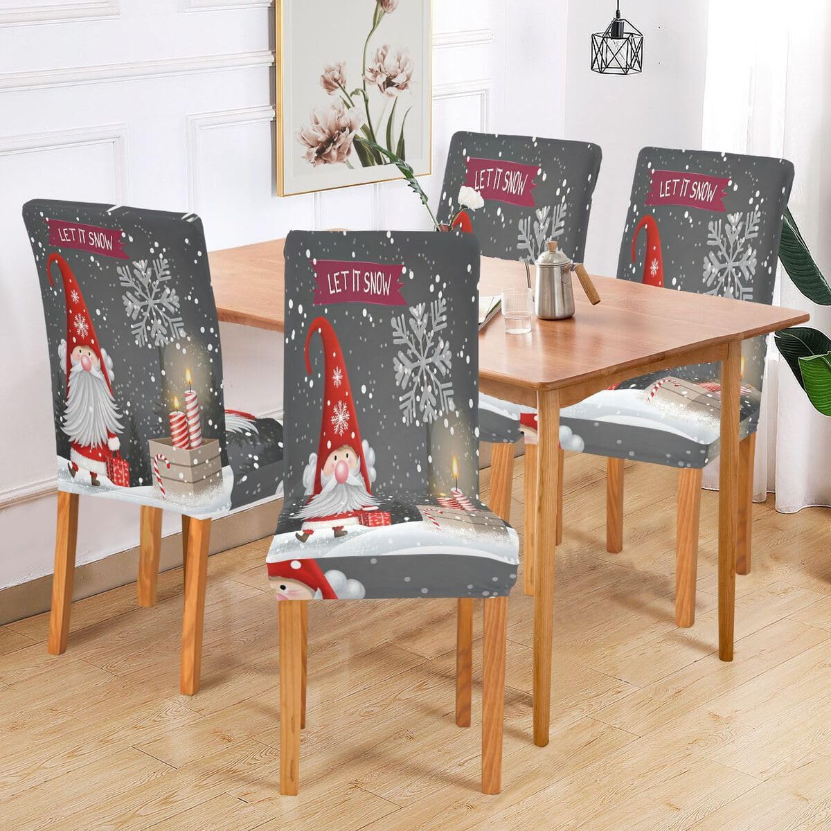 xigua 4 Pack Christmas Gnome Snowflakes Dining Room Chair Covers Waterproof Stretch Parson Chair Slipcovers Removable Washable Chair Protector for Home, Restaurant, Banquet