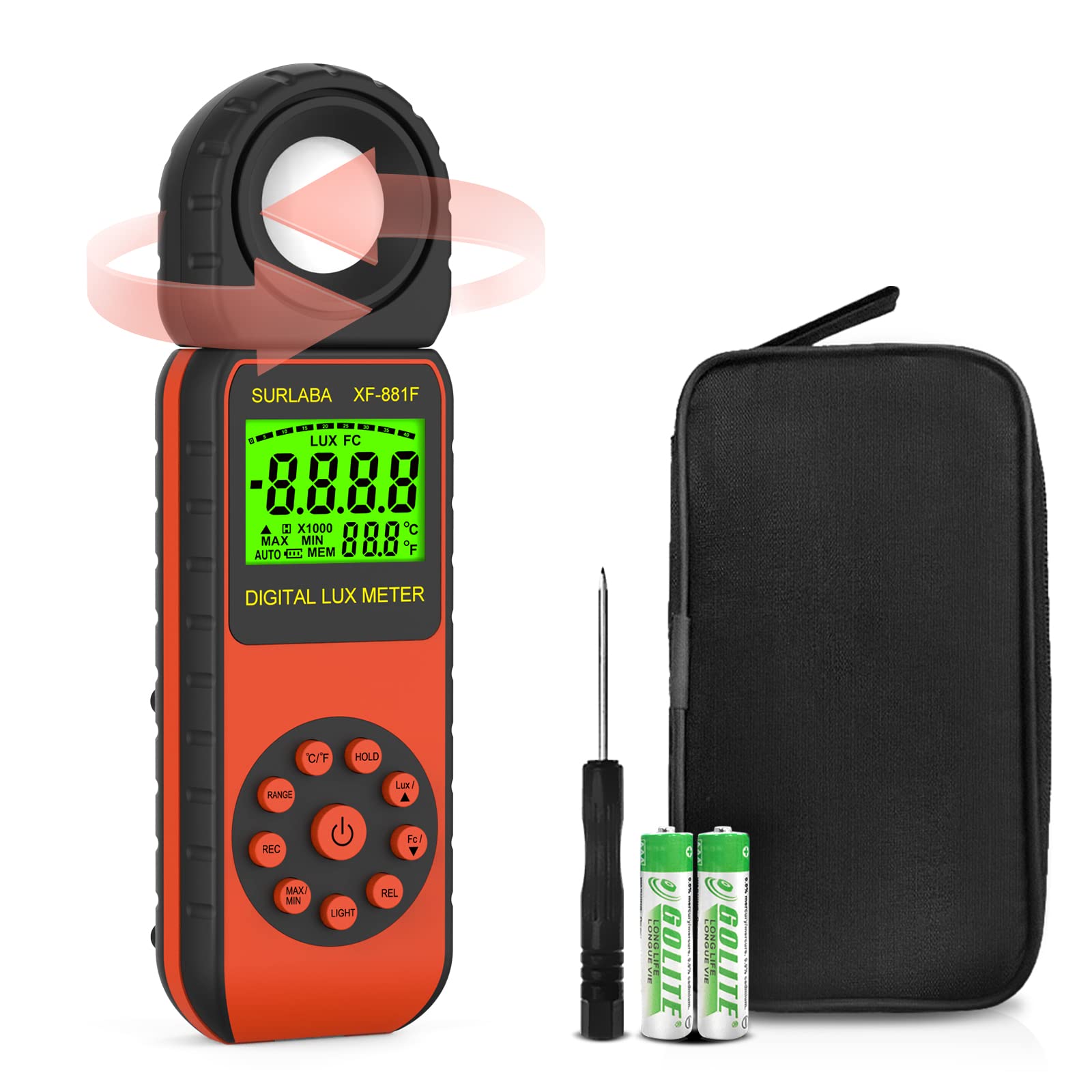 Luxmetro Digitale Light Meter, Misuratore di Luce Campo Misura 0,01~400.000 Lux, Illuminazione Meter con Sensore Rotato di 270º, Esposimetro Misurazione della Luminosità per Fotografi