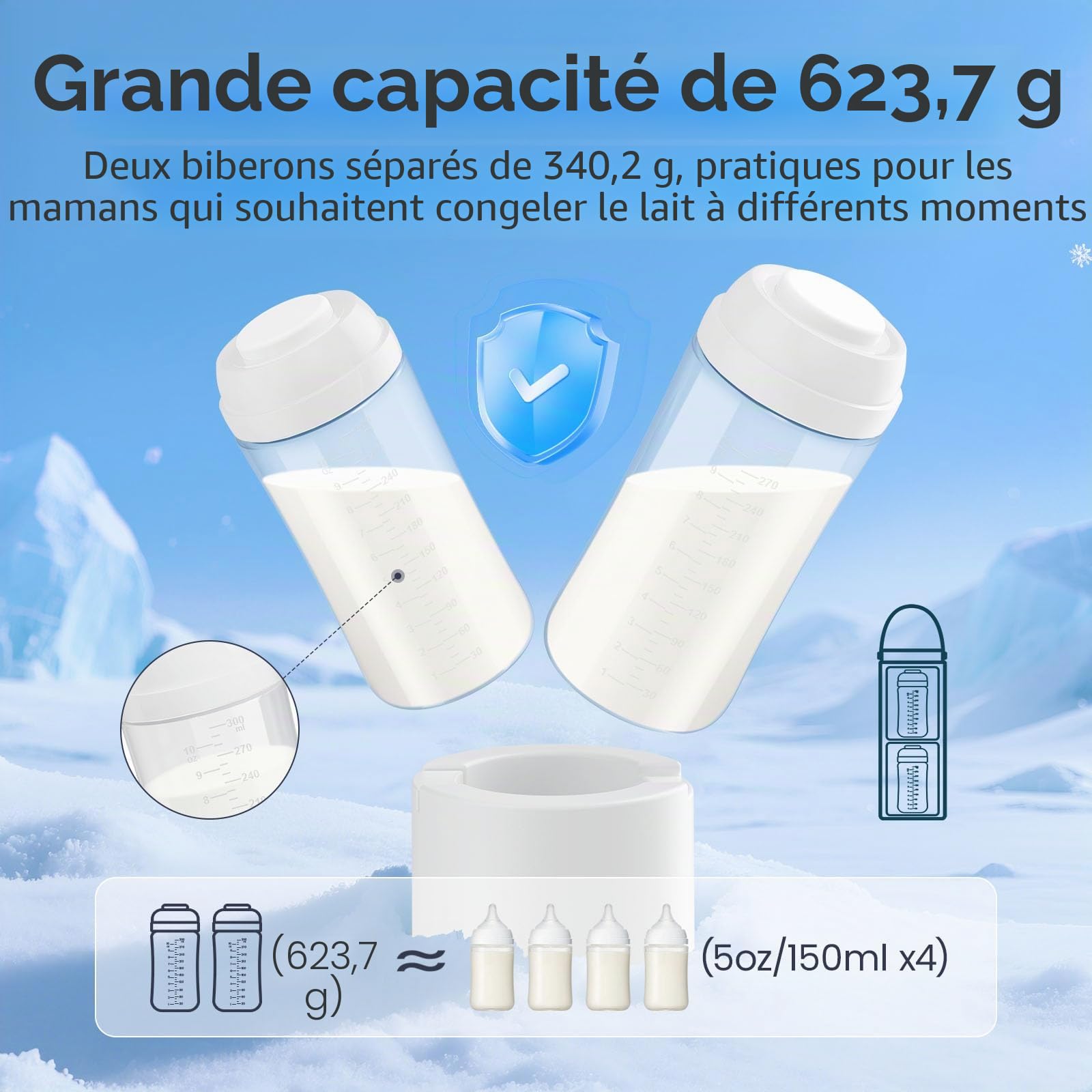 Refroidisseur de lait maternel pour le travail et les voyages, refroidissement à 360° pour garder le lait frais pendant 24 heures, avec 2 biberons pour le stockage du lait maternel, des ustensiles