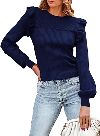 PRETTYGARDEN Women's Ruffle Long Sleeve Sweaters Crew Neck Lightweight Sweater 2025 Fall Trendy Ribbed Knit Pullover Tops