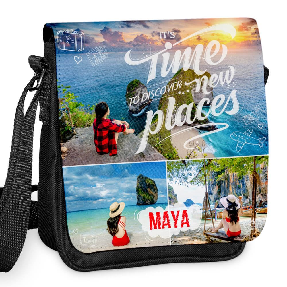 Borsa a tracolla nera personalizzata con foto - Stampa di foto sulla patta anteriore della borsa in tessuto nera personalizzata