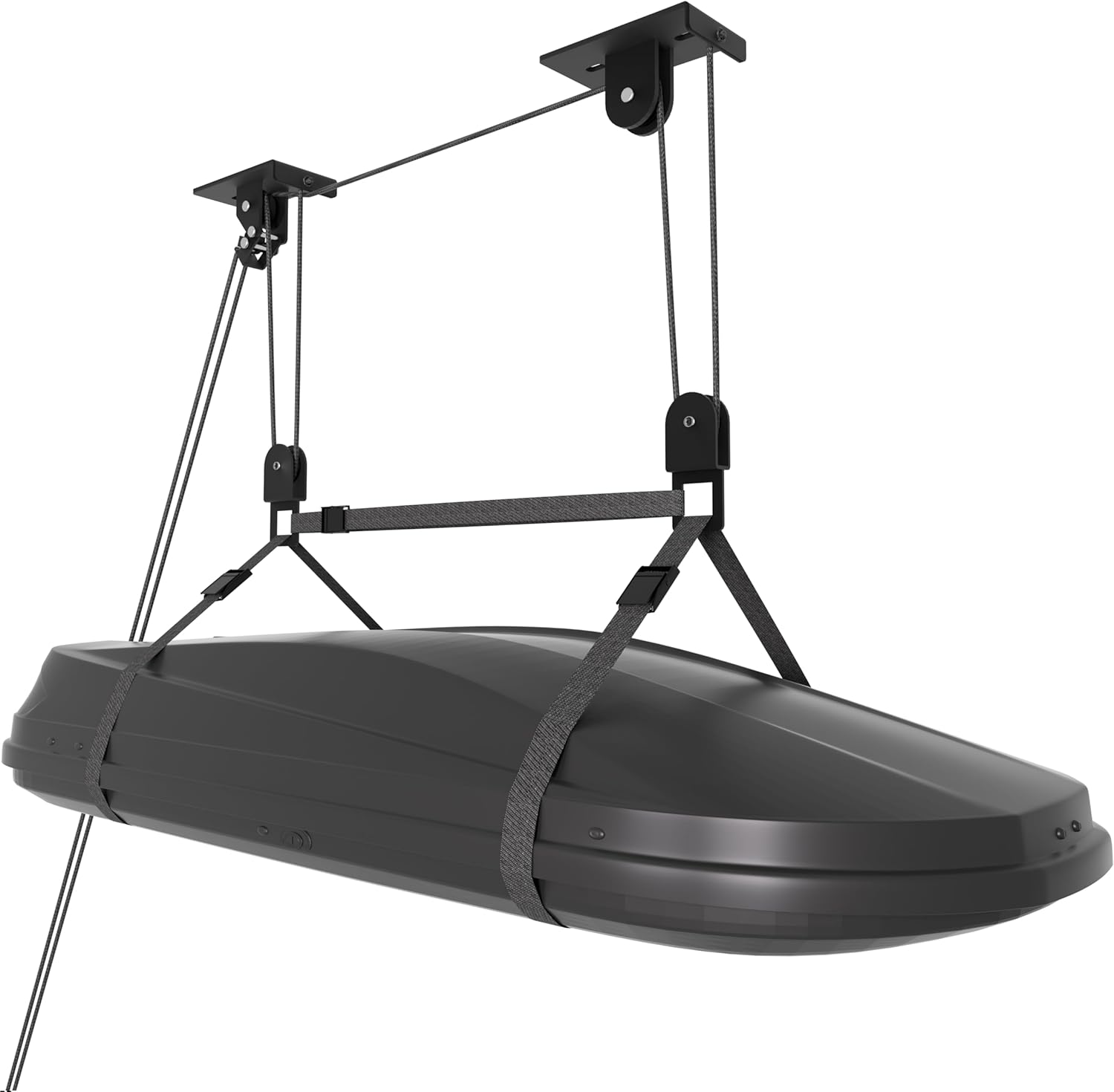 Cargo Box Pulley System for Garage Storage, Heavy-Duty Kayak/Canoes/Bikes/Ladders Ceiling Hoist, Hold Up to 150 lbs Capacity, Fit 10-18 Foot Ceilings, Black Two Bracket